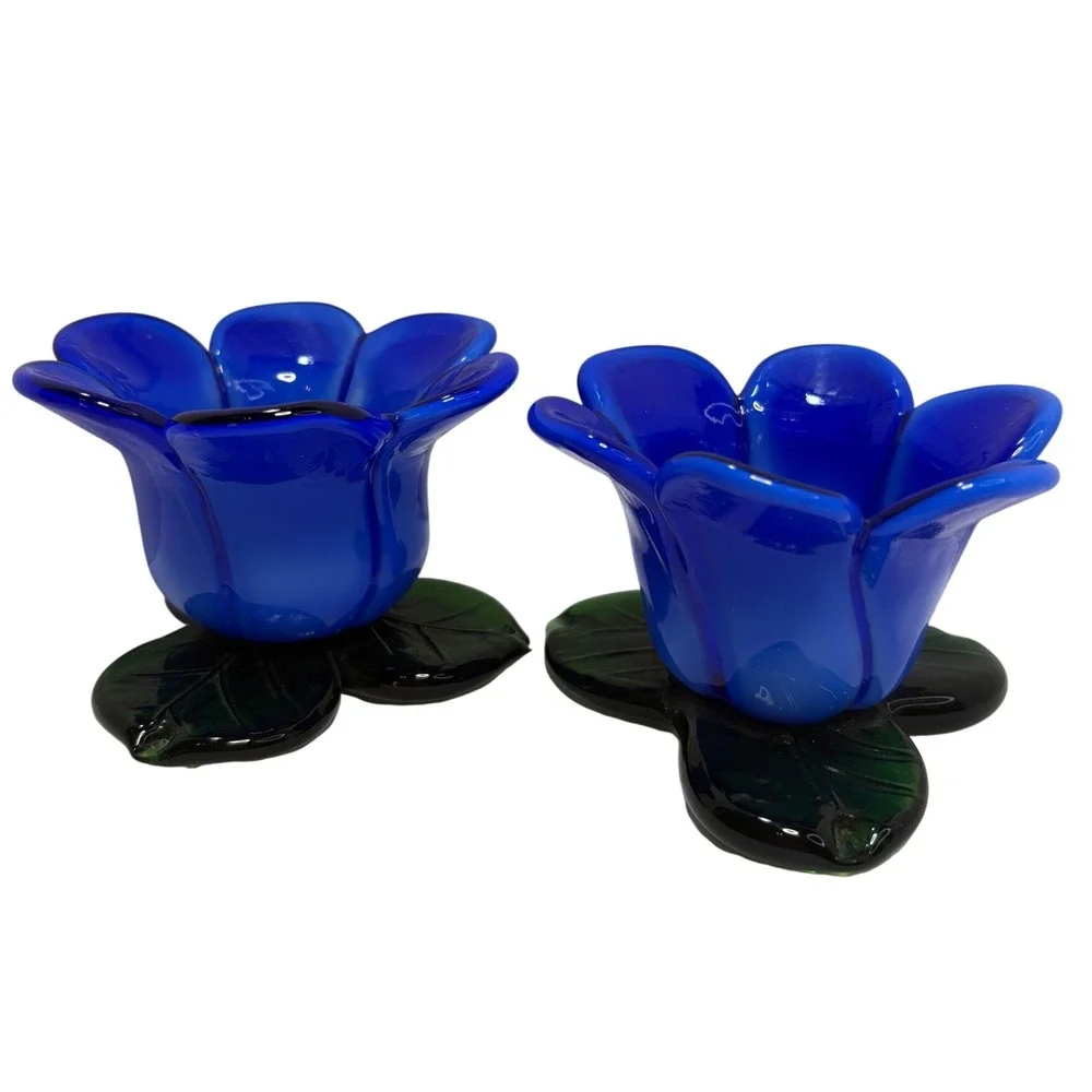Cobalt Blue Glass Flower Candle Holders Green Leaf Base Set of 2 Vintage